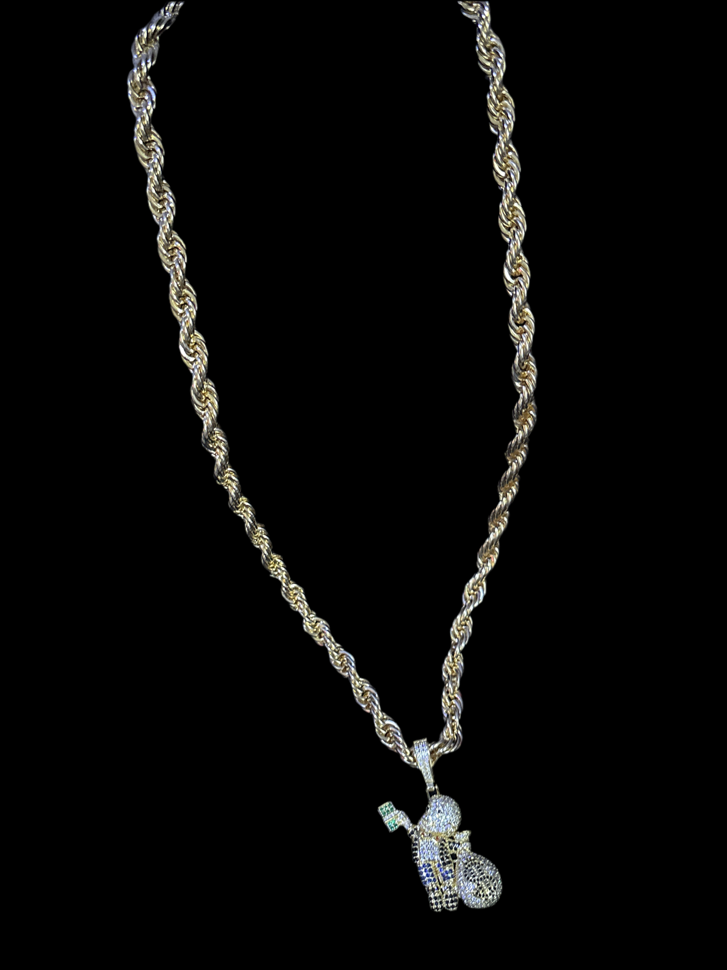 30 inch rope and moneybag boy pendant. 14 karat gold over brass with VVSCZs