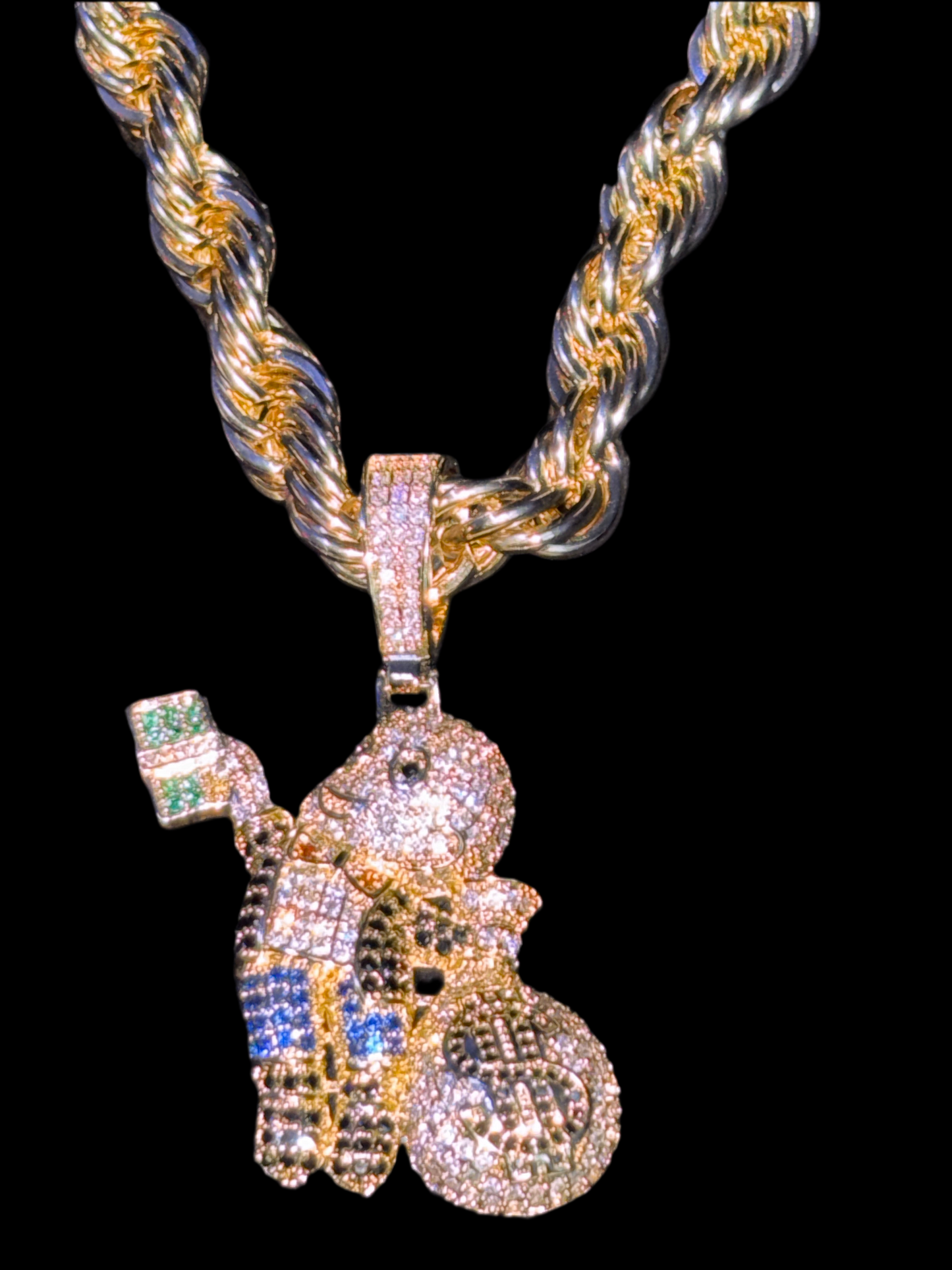 30 inch rope and moneybag boy pendant. 14 karat gold over brass with VVSCZs