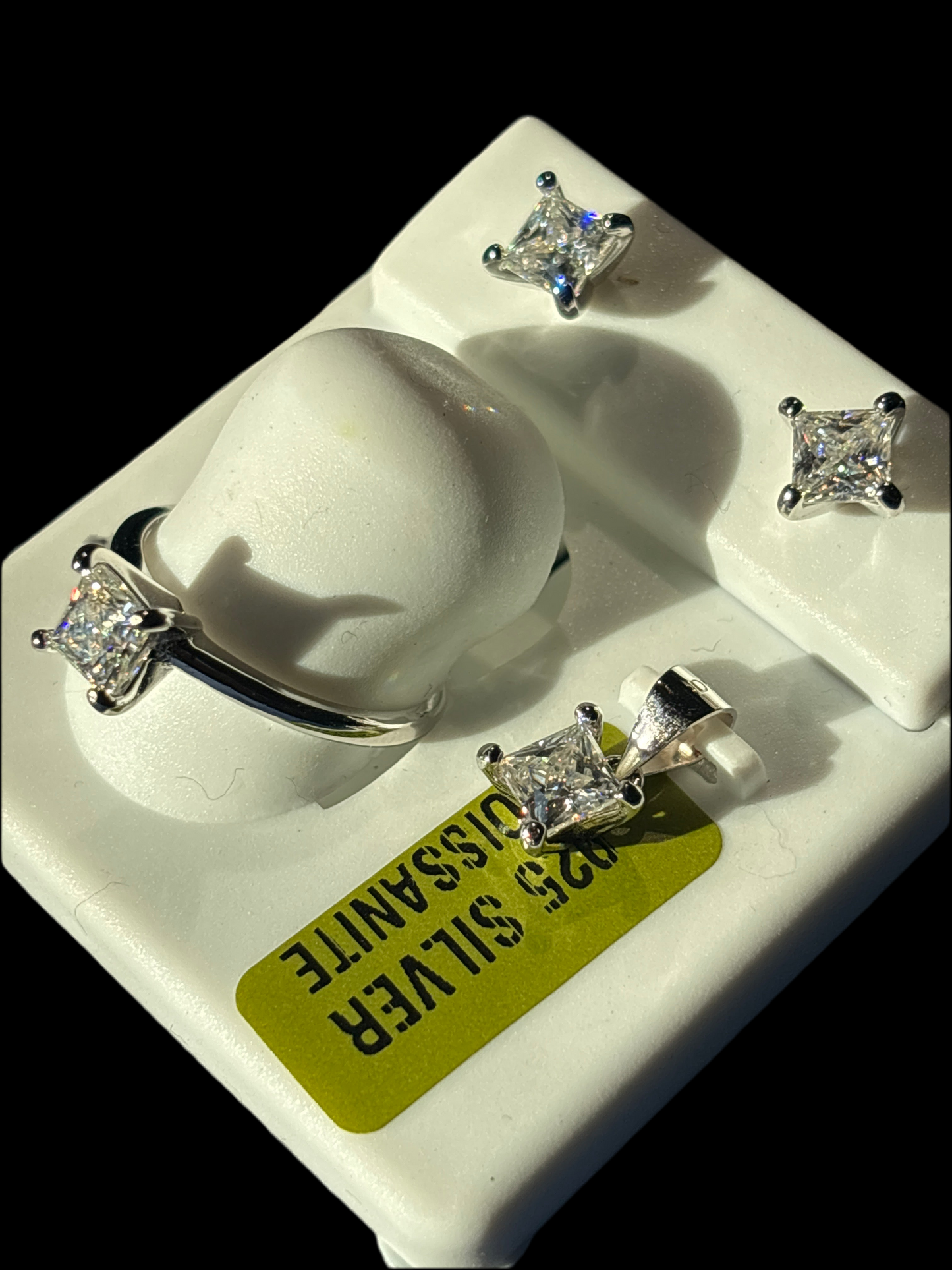 925 Silver 2.00CTW Moissanite, Ring, Pendant, and Earrings Set.