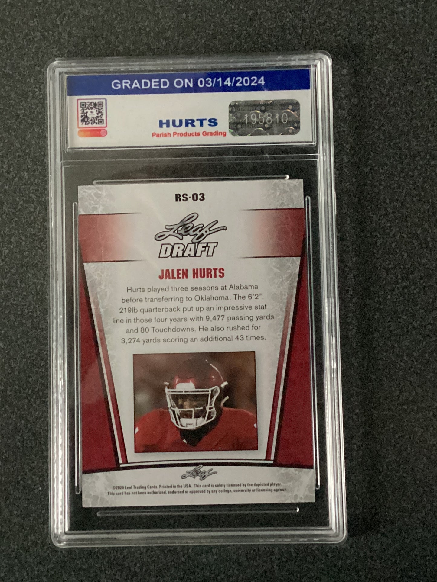 2020 Jalen Hurts Rookie Silver Graded Mint 9