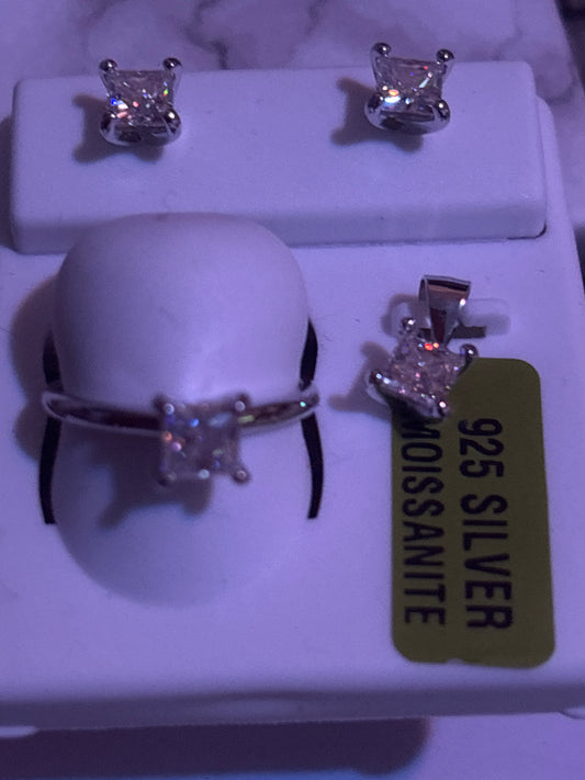 Size 7 Moissanite set in sterling silver. Ring, Pendant and earrings