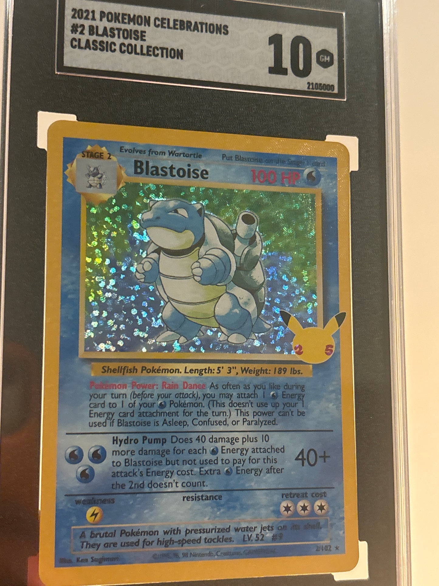 2021 Pokémon Celebrations edition #2 Blastoise. Classic Collection in Gem Mint 10 Tuxedo Black Slab
