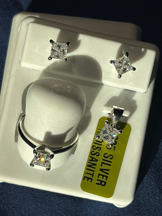 925 Silver 2.00CTW Moissanite, Ring, Pendant, and Earrings Set.