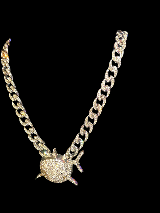 26" Iced Out White Gold Filled Cuban with VVS CZ Large Shark Pendant.